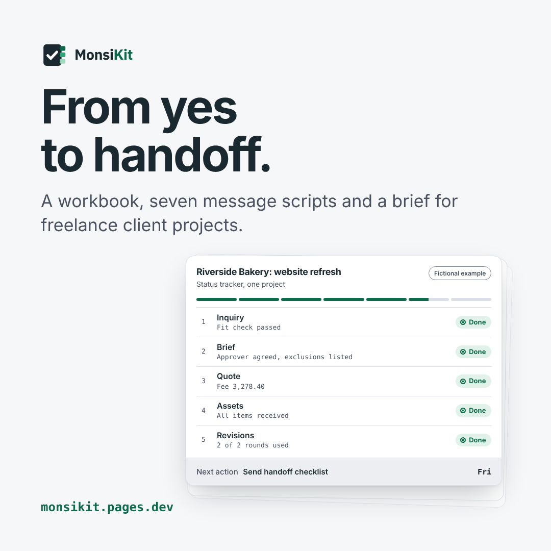 MonsiKit square banner: From yes to handoff, a Client Delivery Kit for freelancers.