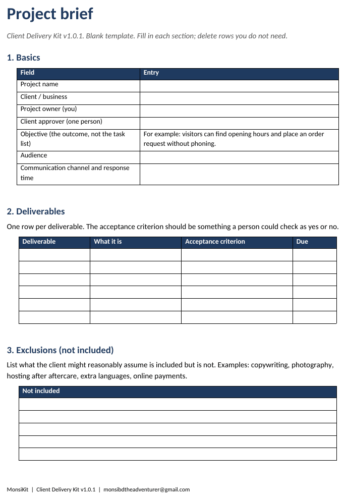 The project brief template: objective, audience and a deliverables table with acceptance criteria.
