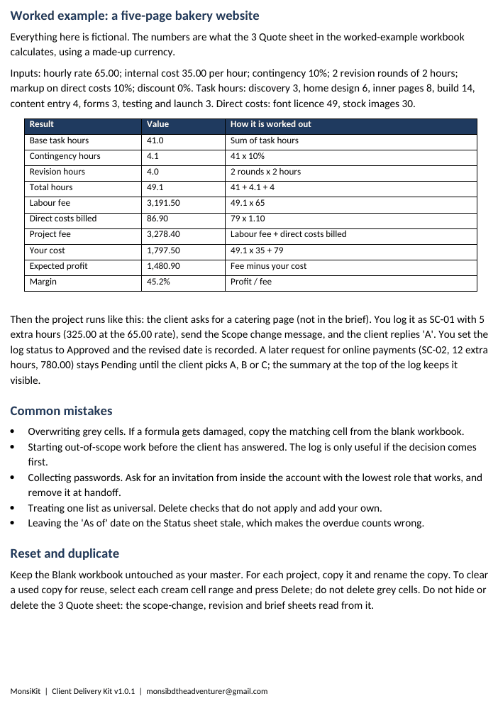 Quick-start guide page with the worked bakery example: a table of hours and fees and how each is calculated.