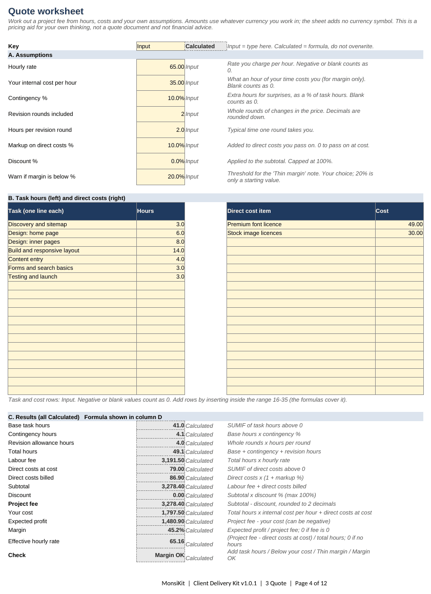The Quote sheet of the workbook: assumptions, task hours, direct costs and calculated results for a fictional bakery website, ending in a project fee of 3,278.40.