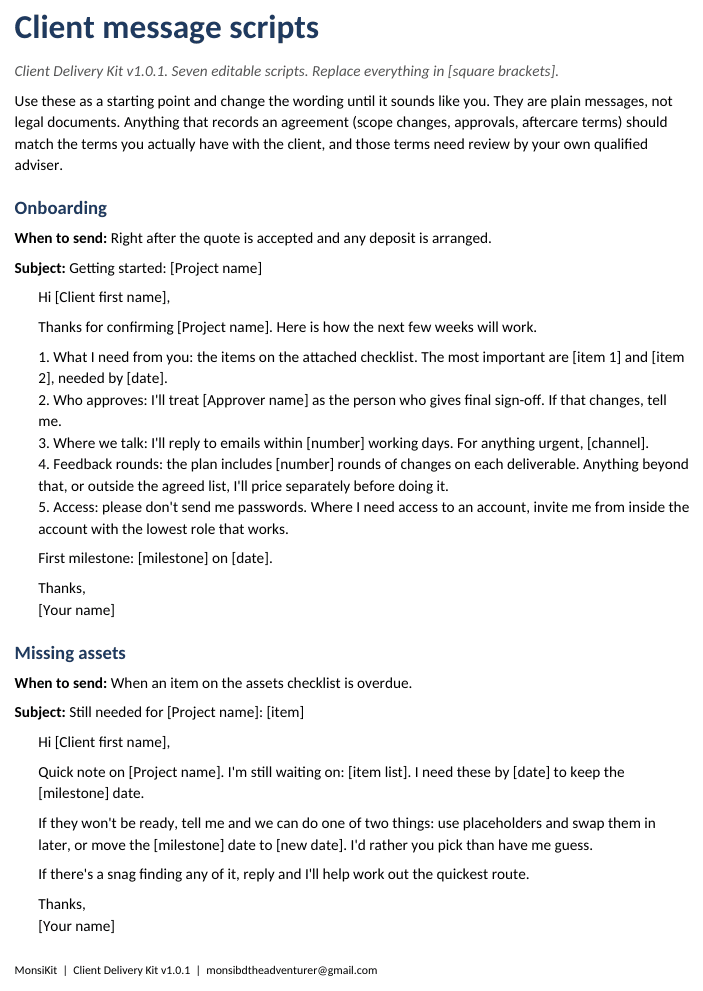 First page of the client message scripts document: the Onboarding script with a subject line, five numbered points and square-bracket placeholders.